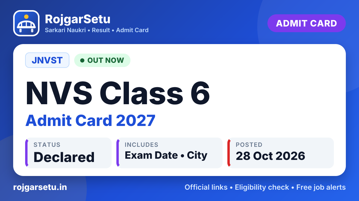 JNVST 2027 NVS Class 6 Admit Card Out - Release Date, November 28 Exam, Download Link